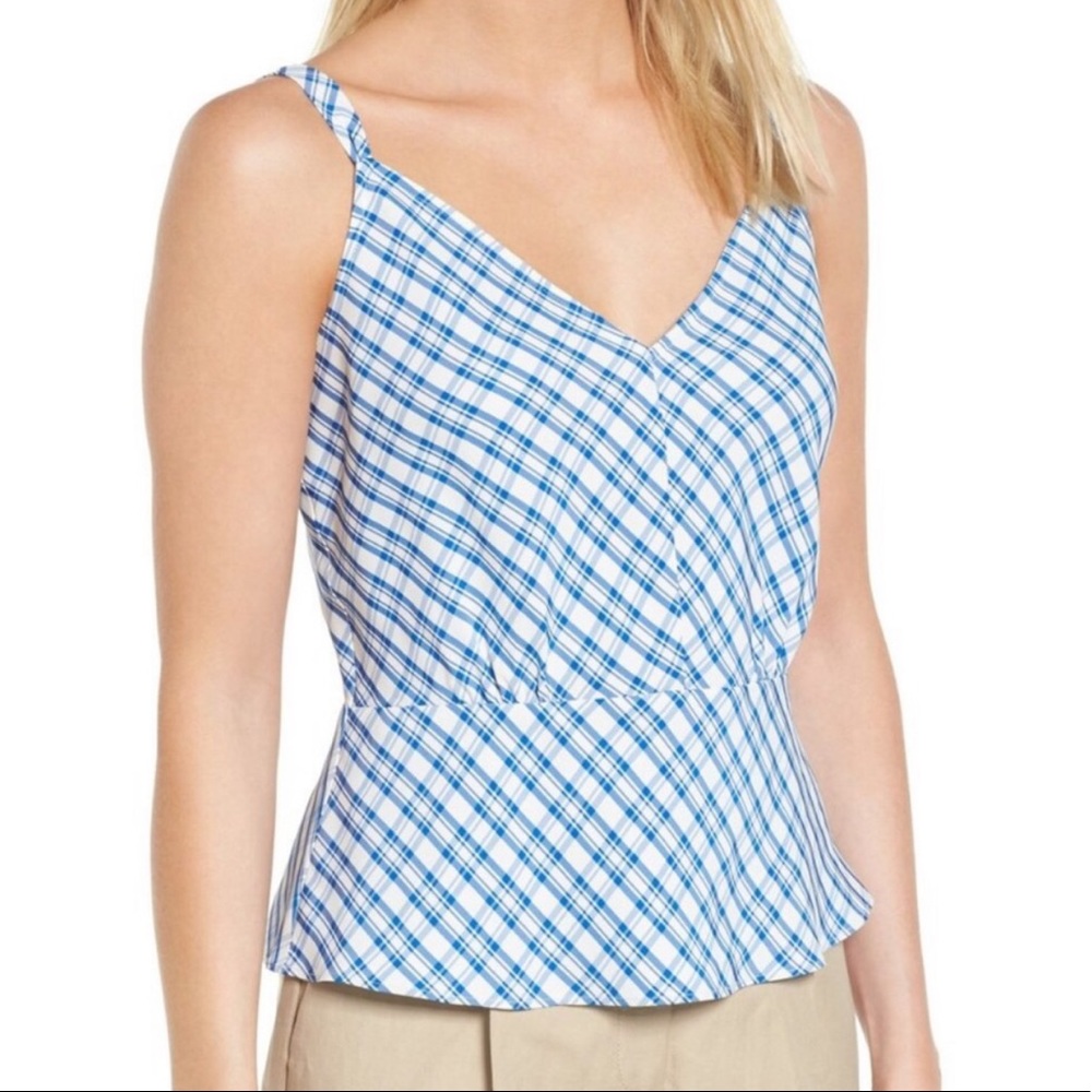 Lewit Blue White Twill Plaid Peplum Hem Sodalite Camisole Blue & White Large NWT